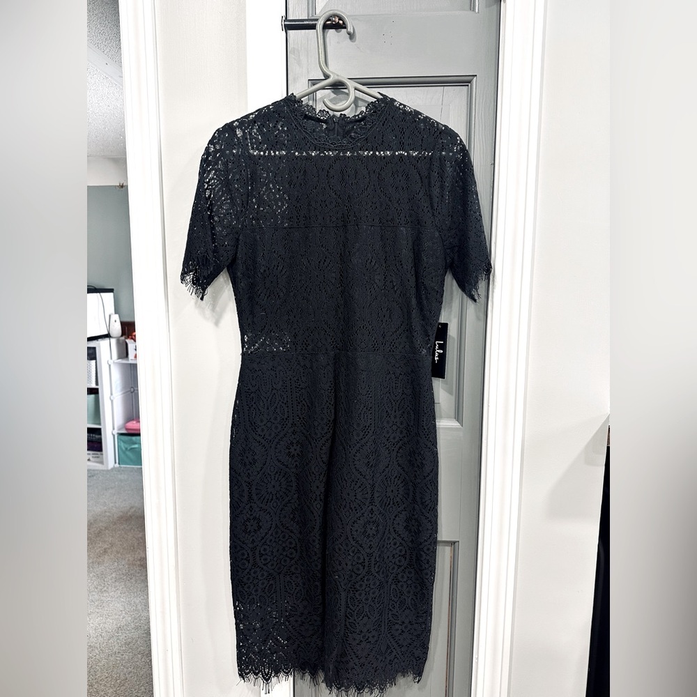 Remarkable Black Sheer Lace Short Sleeve Dress